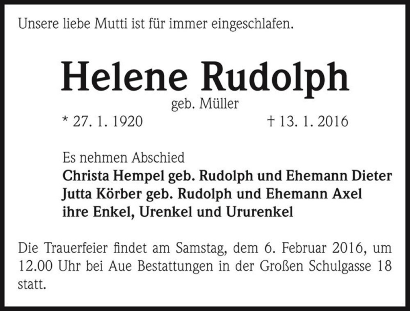  Traueranzeige für Helene Rudolph (geb. Müller)  vom 23.01.2016 aus Magdeburger Volksstimme