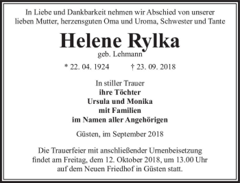 Traueranzeige von Helene Rylka (geb. Lehmann)  von Magdeburger Volksstimme