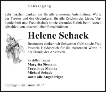 Traueranzeige von Helene Schack  von Magdeburger Volksstimme