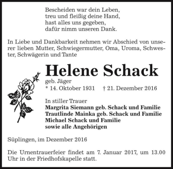 Traueranzeige von Helene Schack (geb. Jäger)  von Magdeburger Volksstimme