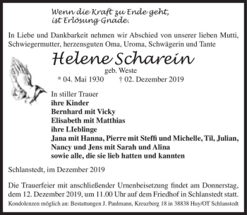 Traueranzeige von Helene Scharein (geb. Weste)  von Magdeburger Volksstimme
