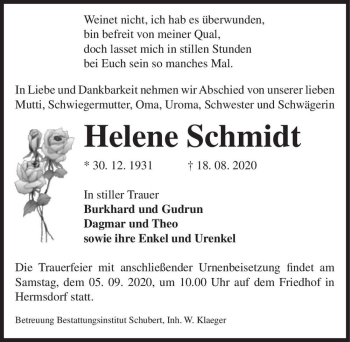 Traueranzeige von Helene Schmidt  von Magdeburger Volksstimme