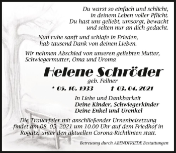 Traueranzeige von Helene Schröder (geb. Fellner)  von Magdeburger Volksstimme