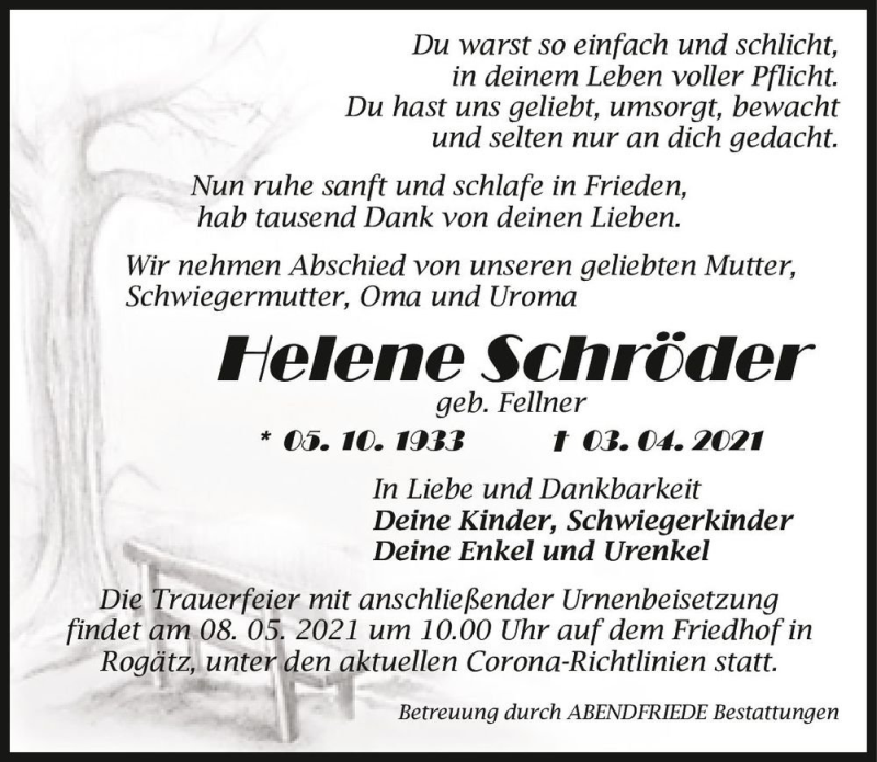  Traueranzeige für Helene Schröder (geb. Fellner)  vom 24.04.2021 aus Magdeburger Volksstimme