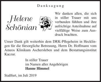 Traueranzeige von Helene Schönian  von Magdeburger Volksstimme
