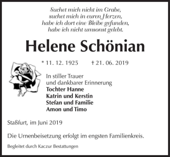 Traueranzeige von Helene Schönian  von Magdeburger Volksstimme
