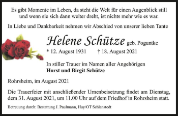 Traueranzeige von Helene Schütze (geb. Poguntke)  von Magdeburger Volksstimme