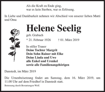 Traueranzeige von Helene Seelig (geb. Grabach)  von Magdeburger Volksstimme