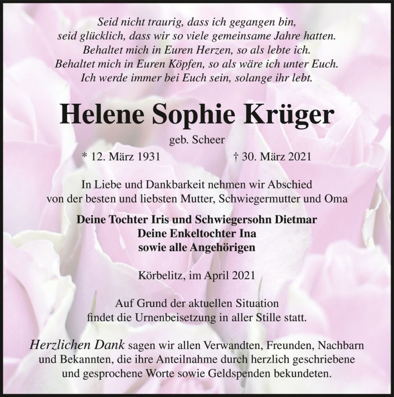  Traueranzeige für Helene Sophie Krüger (geb. Scheer)  vom 10.04.2021 aus Magdeburger Volksstimme