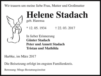 Traueranzeige von Helene Stadach (geb. Harensa)  von Magdeburger Volksstimme