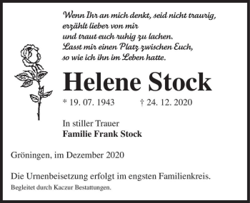 Traueranzeige von Helene Stock  von Magdeburger Volksstimme