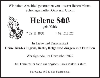 Traueranzeige von Helene Süß (geb. Vahle)  von Magdeburger Volksstimme
