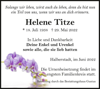 Traueranzeige von Helene Titze  von Magdeburger Volksstimme