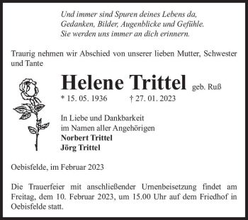Traueranzeige von Helene Trittel (geb. Ruß)  von Magdeburger Volksstimme