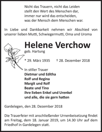 Traueranzeige von Helene Verchow (geb. Hartung)  von Magdeburger Volksstimme