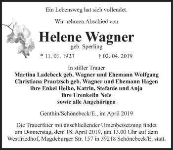 Traueranzeige von Helene Wagner (geb. Sperling)  von Magdeburger Volksstimme