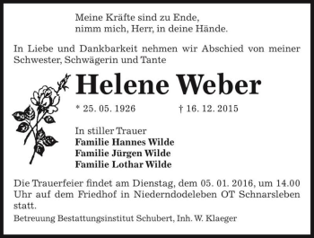 Traueranzeige von Helene Weber  von Magdeburger Volksstimme