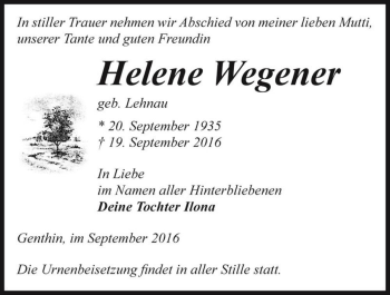 Traueranzeige von Helene Wegener (geb. Lehnau)  von Magdeburger Volksstimme