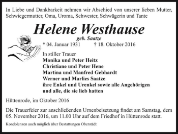Traueranzeige von Helene Westhause (geb. Saatze)  von Magdeburger Volksstimme