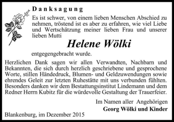 Traueranzeige von Helene Wölki  von Magdeburger Volksstimme