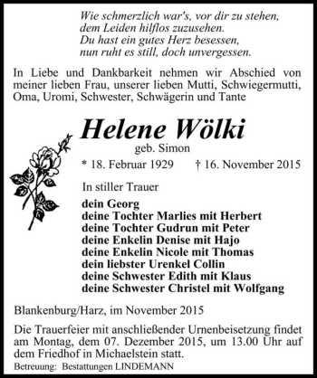 Traueranzeige von Helene Wölki (geb. Simon)  von Magdeburger Volksstimme