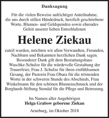 Traueranzeige von Helene Ziekau  von Magdeburger Volksstimme