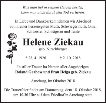 Traueranzeige von Helene Ziekau (geb. Nirschberger)  von Magdeburger Volksstimme