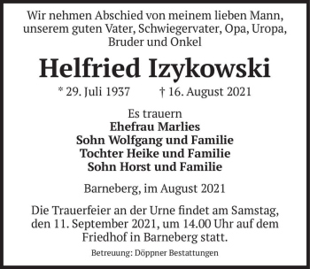 Traueranzeige von Helfried Izykowski  von Magdeburger Volksstimme