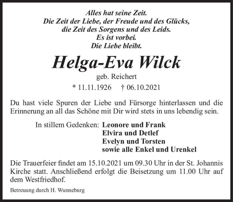  Traueranzeige für Helga-Eva Wilck (geb. Reichert)  vom 09.10.2021 aus Magdeburger Volksstimme