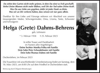 Traueranzeige von Helga 