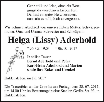 Traueranzeige von Helga (Lissy) Aderhold  von Magdeburger Volksstimme