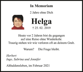 Traueranzeige von Helga  von Magdeburger Volksstimme