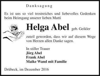 Traueranzeige von Helga Abel (geb. Geikler)  von Magdeburger Volksstimme