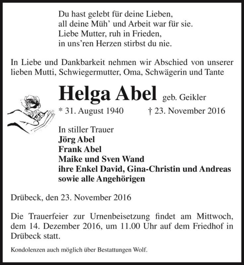  Traueranzeige für Helga Abel (geb. Geikler)  vom 01.12.2016 aus Magdeburger Volksstimme