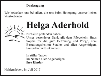 Traueranzeige von Helga Aderhold  von Magdeburger Volksstimme