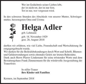 Traueranzeige von Helga Adler (geb. Lehmann)  von Magdeburger Volksstimme