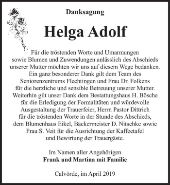 Traueranzeige von Helga Adolf  von Magdeburger Volksstimme