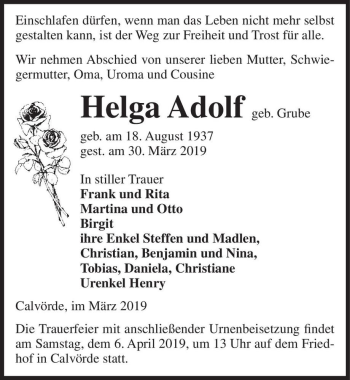 Traueranzeige von Helga Adolf (geb. Grube)  von Magdeburger Volksstimme