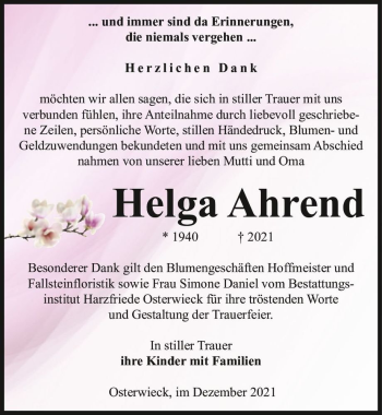 Traueranzeige von Helga Ahrend  von Magdeburger Volksstimme