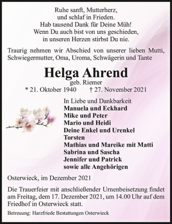 Traueranzeige von Helga Ahrend (geb. Riemer)  von Magdeburger Volksstimme