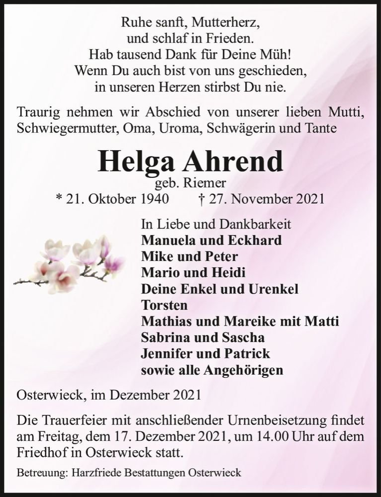  Traueranzeige für Helga Ahrend (geb. Riemer)  vom 04.12.2021 aus Magdeburger Volksstimme