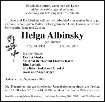 Traueranzeige von Helga Albinsky (geb. Dunker)  von Magdeburger Volksstimme