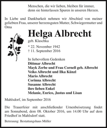 Traueranzeige von Helga Albrecht (geb. Klaschka)  von Magdeburger Volksstimme