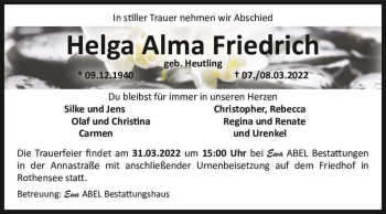 Traueranzeige von Helga Alma Friedrich (geb. Heutling)  von Magdeburger Volksstimme