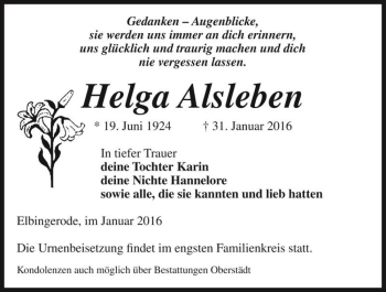 Traueranzeige von Helga Alsleben  von Magdeburger Volksstimme