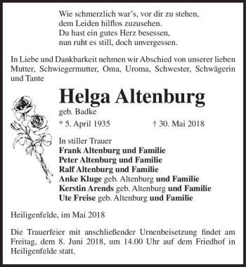 Traueranzeige von Helga Altenburg (geb. Badke)  von Magdeburger Volksstimme