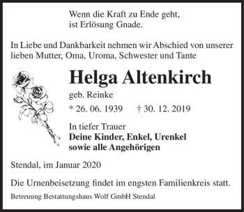 Traueranzeige von Helga Altenkirch (geb. Reinke)  von Magdeburger Volksstimme
