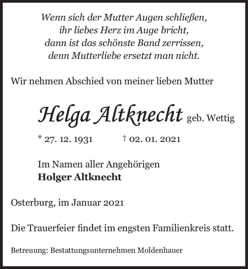  Traueranzeige für Helga Altknecht (geb. Wettig)  vom 09.01.2021 aus Magdeburger Volksstimme