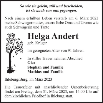 Traueranzeige von Helga Andert (geb. Krüger)  von Magdeburger Volksstimme