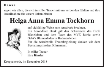 Traueranzeige von Helga Anna Emma Tockhorn  von Magdeburger Volksstimme